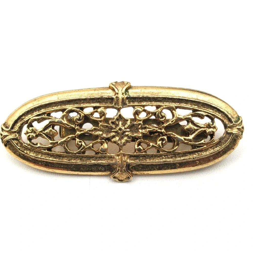 Vintage Gold Tone Openwork Filigree Bar Brooch Oval Scroll Design Pin